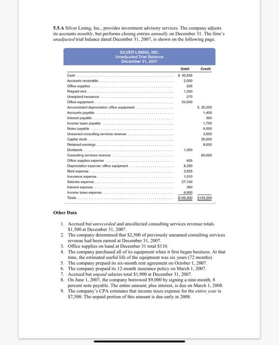 Solved 5.5.A Silver Lining, Inc., provides investment