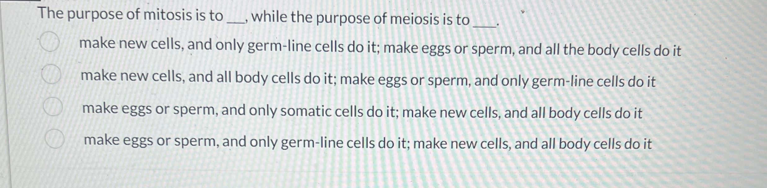 Solved The purpose of mitosis is to q, , ﻿while the purpose | Chegg.com