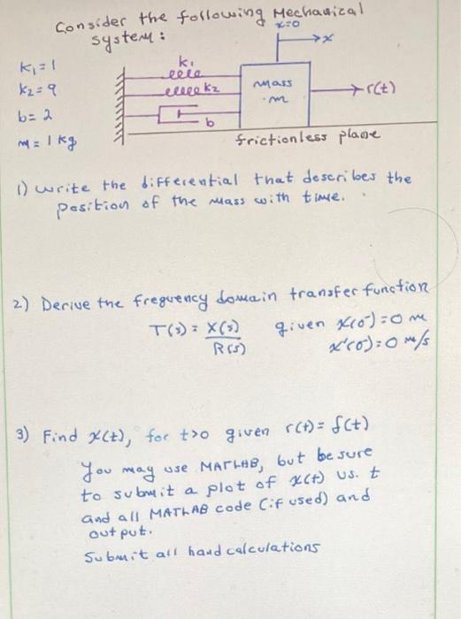 Solved Consilar the following Mechavical k1=1k2=9b=2m=1 kg | Chegg.com