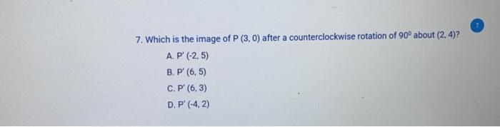 Which is the image of P(3, 0) after a counterclockwise rotation of