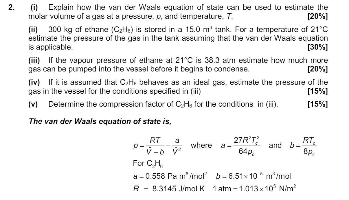 Solved (i) ﻿Explain how the van der Waals equation of state | Chegg.com
