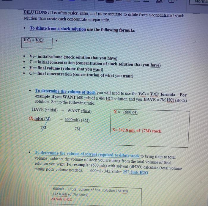 Solved Dilutions: Using ViC=V+Cr formula calculate the mls | Chegg.com