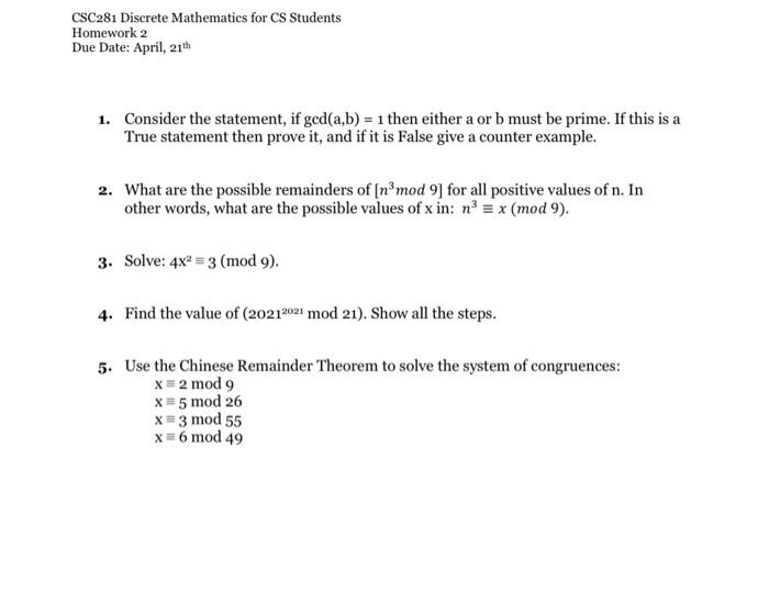 Solved CSC281 Discrete Mathematics for CS Students Homework | Chegg.com