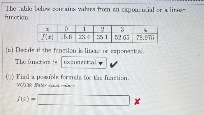 table of values for exponential function
