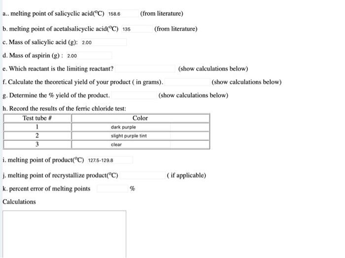 Solved a... melting point of salicylic acid(°C) 158.6 (from | Chegg.com