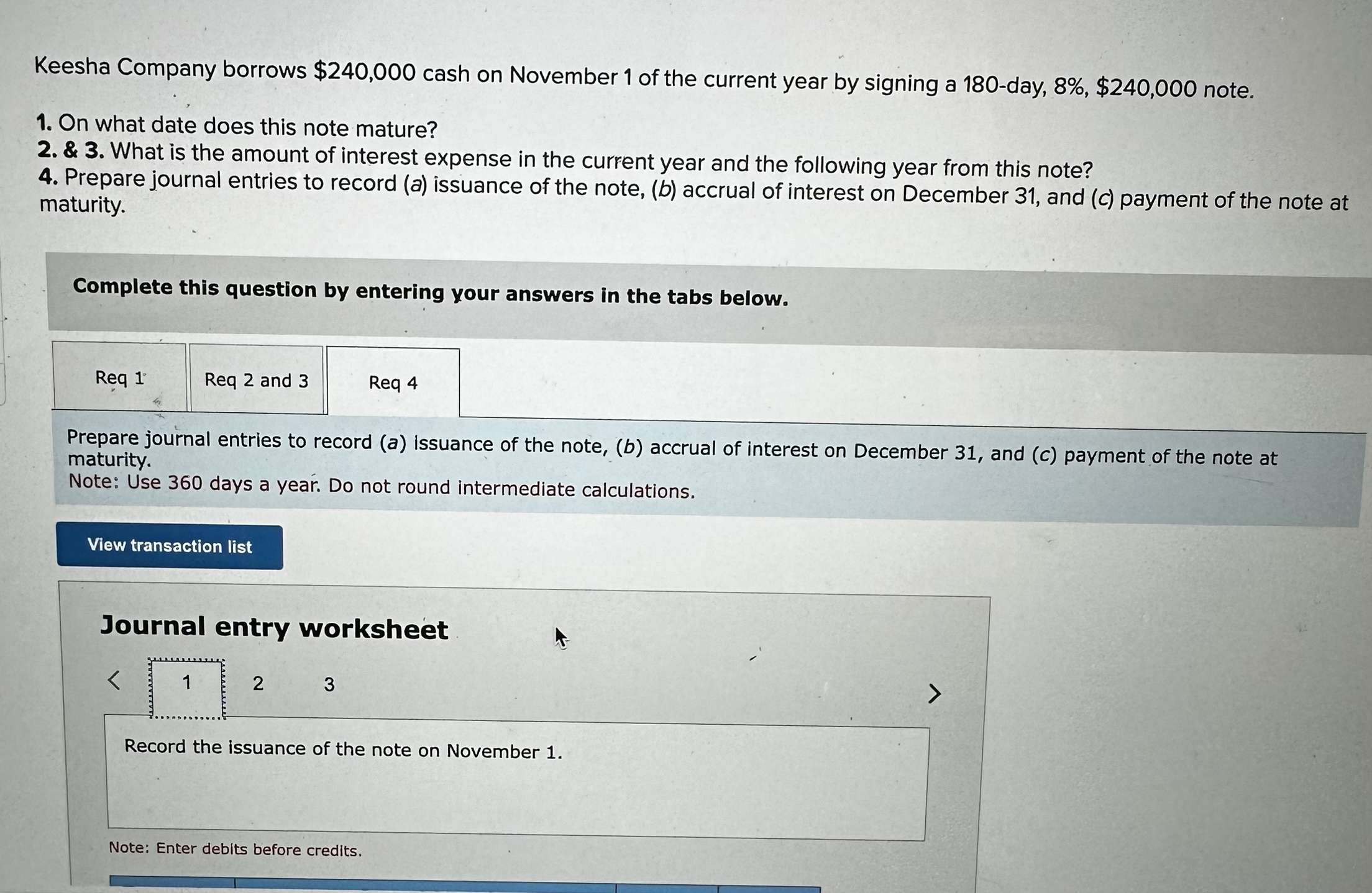 Solved Keesha Company borrows $240,000 ﻿cash on November 1 | Chegg.com