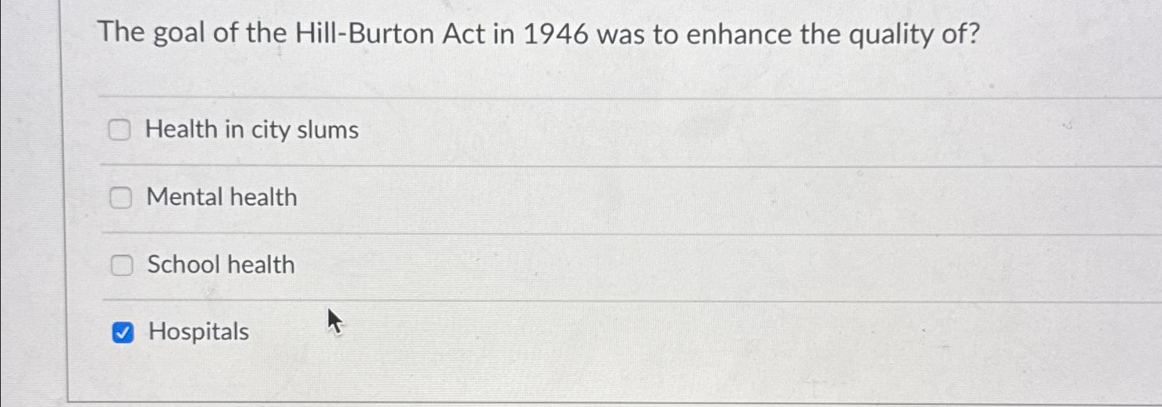 Solved The goal of the Hill Burton Act in 1946 was to Chegg