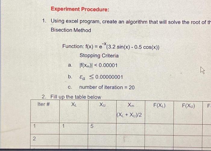 Solved Experiment Procedure: 1. Using excel program, create | Chegg.com