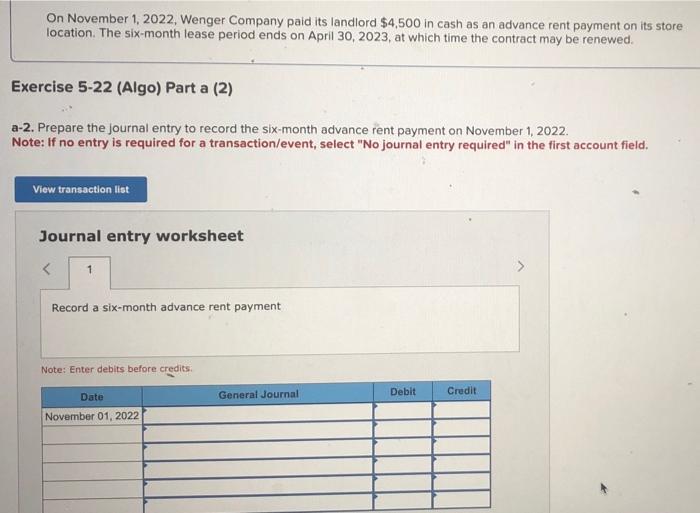 Solved On November 1, 2022, Wenger Company paid its landlord
