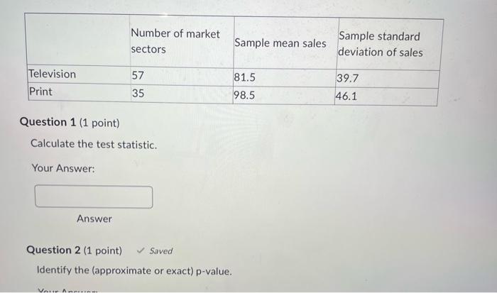 Solved Question 1 (1 point) Calculate the test statistic. | Chegg.com