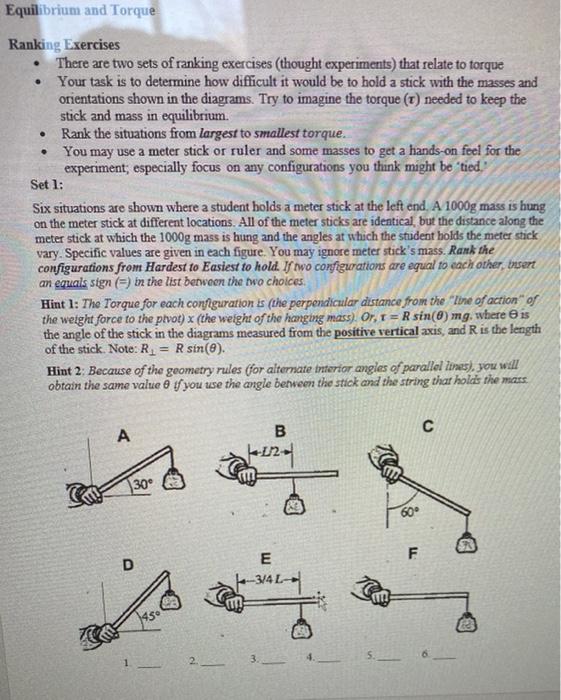 Solved Equilibrium and Torque . Ranking Exercises There are