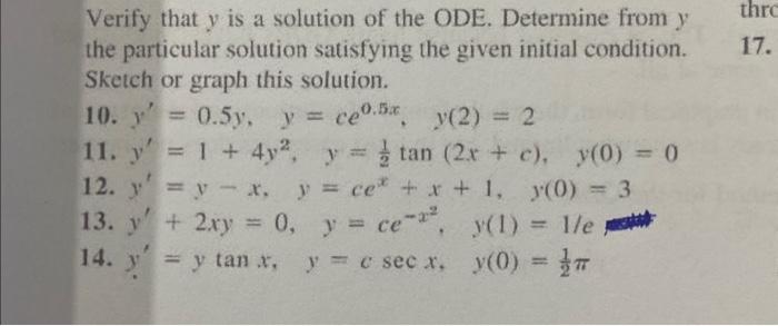 Verify that \( y \) is a solution of the ODE. Determine from \( y \) the particular solution satisfying the given initial con