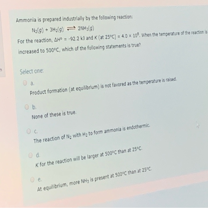 Solved Ammonia is prepared industrially by the following | Chegg.com