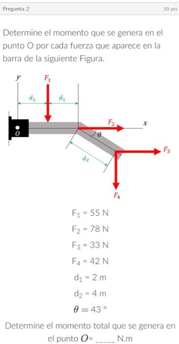 Determine el momento que se genera en el punto \( O \) por cada fuerza que aparece en la barra de la siguiente Figura. \[ \be