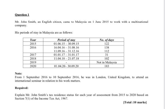 Solved Question 1 Mr John Smith An English Citizen Came Chegg Com