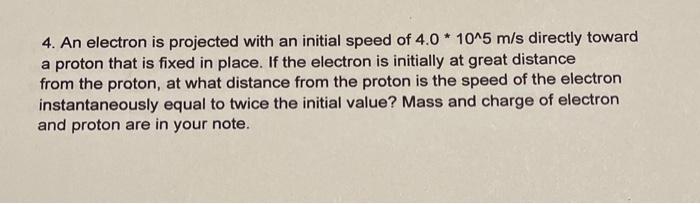 Solved 4. An electron is projected with an initial speed of | Chegg.com