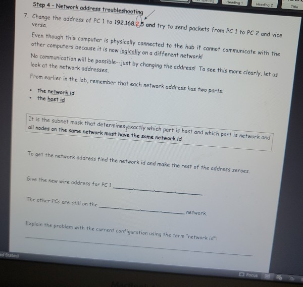 Solved Heating 1 Heading 2 Title Step 4 - Network address | Chegg.com