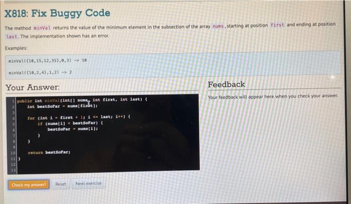 Solved The method minval returns the value of the minimum | Chegg.com