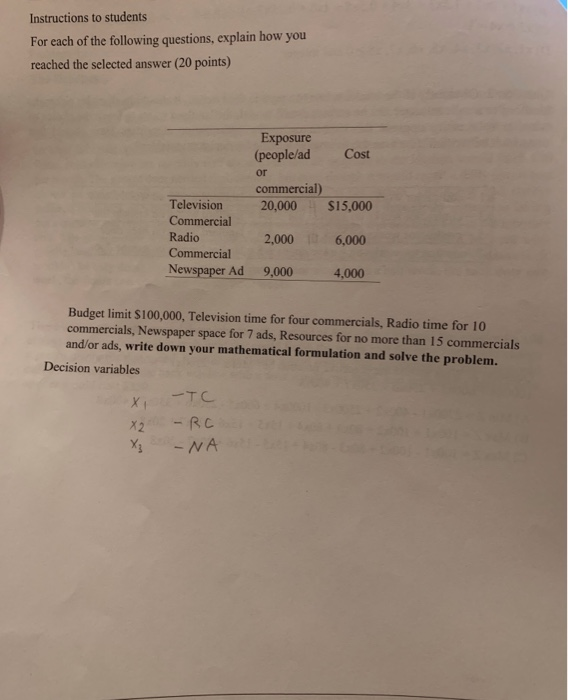 Solved Instructions to students For each of the following | Chegg.com