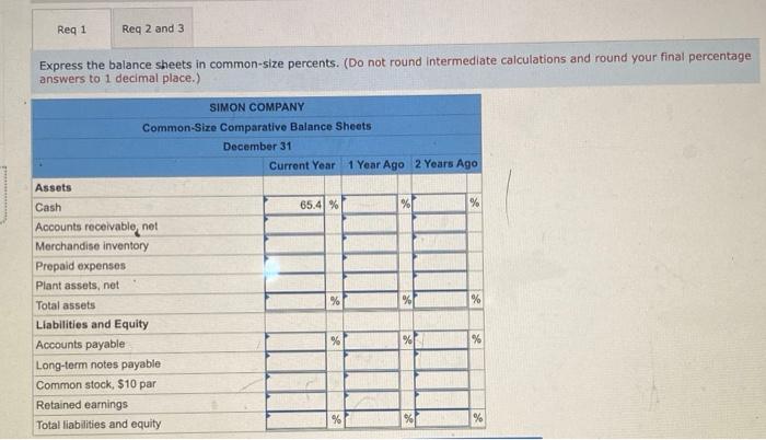 Express the balance sheets in common-size percents. (Do not round intermediate calculations and round your final percentage a
