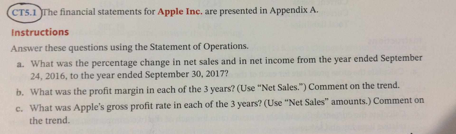 Solved CT5.1 The financial statements for Apple Inc. are | Chegg.com