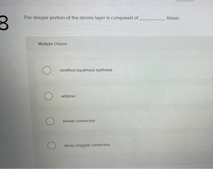 Solved The deeper portion of the dermis layer is composed of