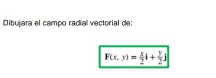 Dibujara el campo radial vectorial de: \[ \mathbf{F}(x, y)=\frac{x}{2} \mathbf{i}+\frac{y}{2} \mathbf{j} \]