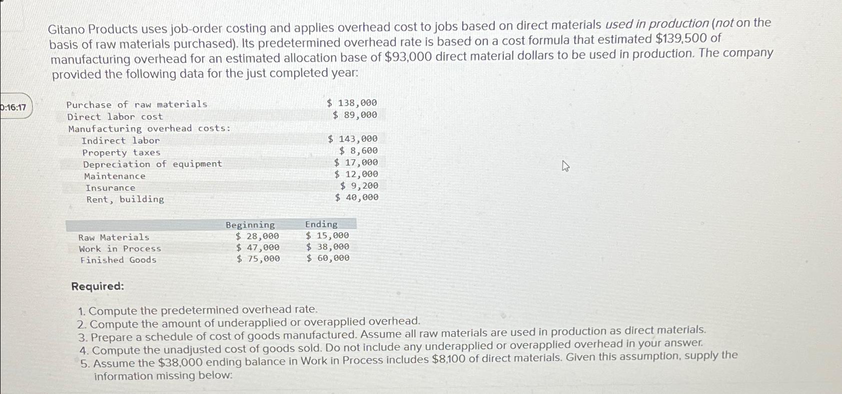 Gitano Products uses job-order costing and applies | Chegg.com