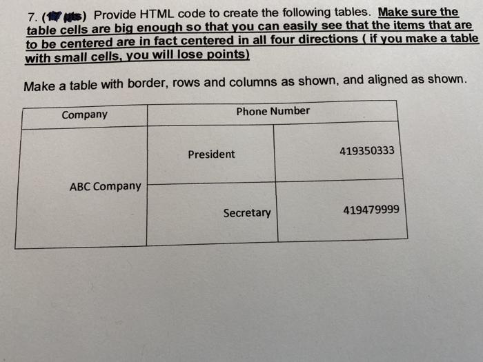 Solved 7. () Provide HTML code to create the following | Chegg.com