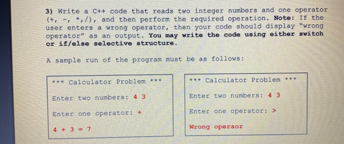 Solved 3) Write a C++ code that reads two integer numbers | Chegg.com