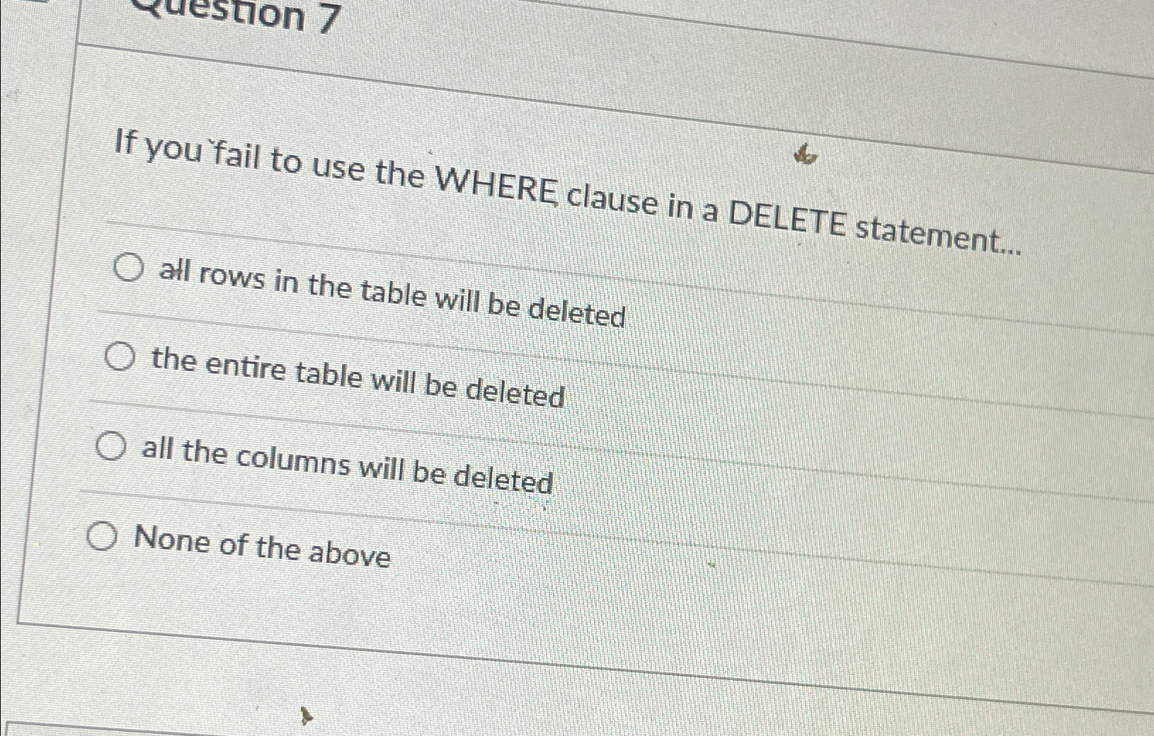 Solved If you fail to use the WHERE clause in a DELETE | Chegg.com