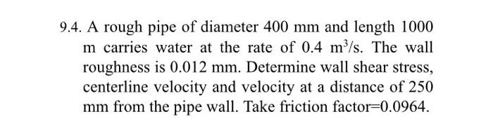 Solved 9.4. A rough pipe of diameter 400 mm and length 1000 | Chegg.com