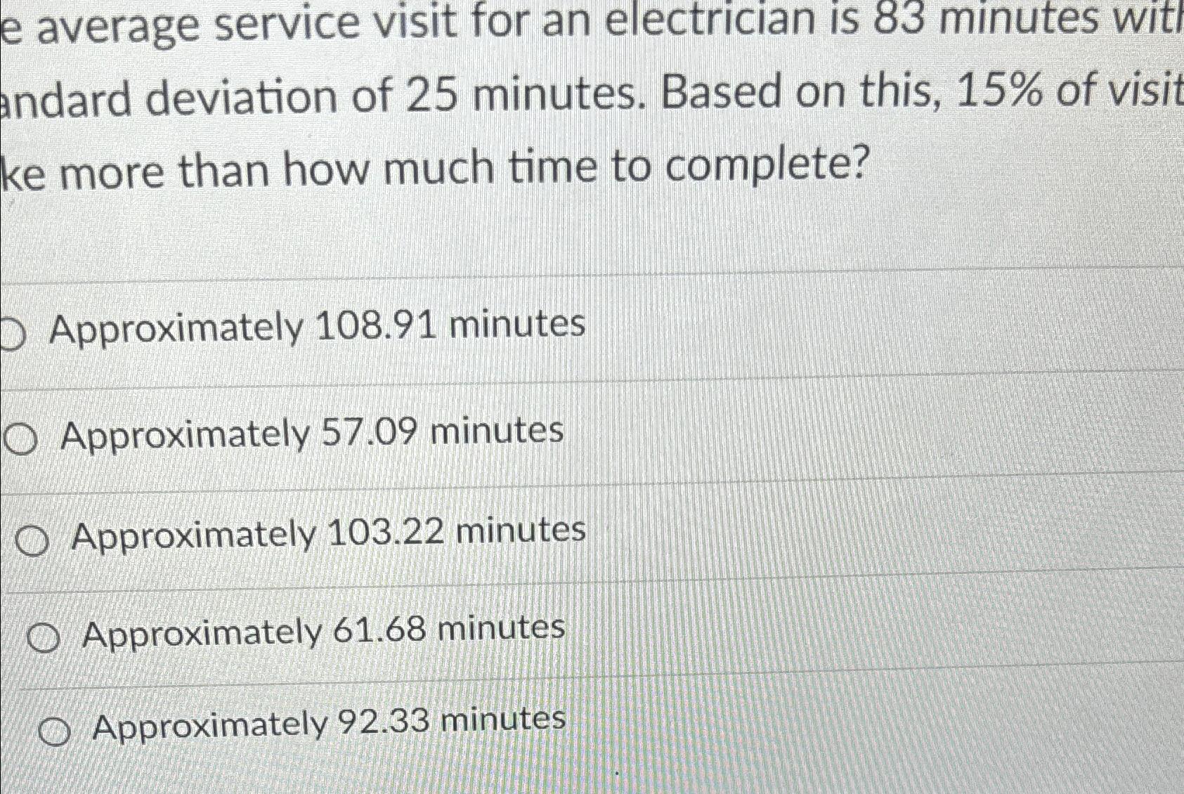 Solved e average service visit for an electrician is 83 | Chegg.com