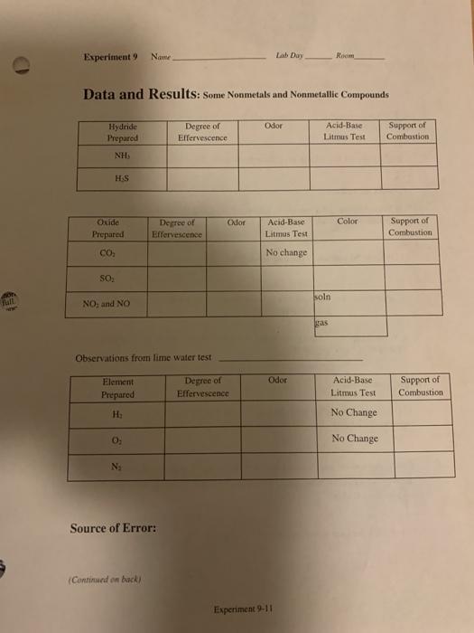 Experiment 9 Name Lab Day Room Data and Results: Some | Chegg.com