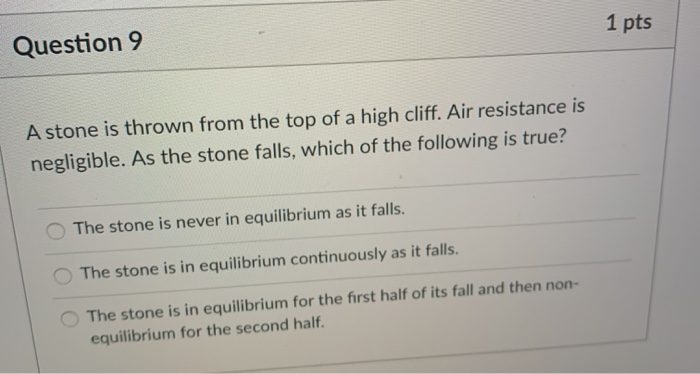 Solved 1 pts Question 9 A stone is thrown from the top of a | Chegg.com