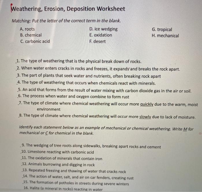 Solved Weathering, Erosion, Deposition Worksheet Matching: | Chegg.com