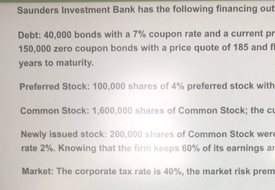 Saunders Investment Bank has the following financing