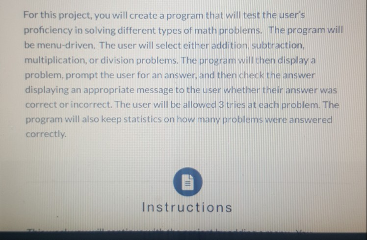 Solved For this project, you will create a program that will | Chegg.com