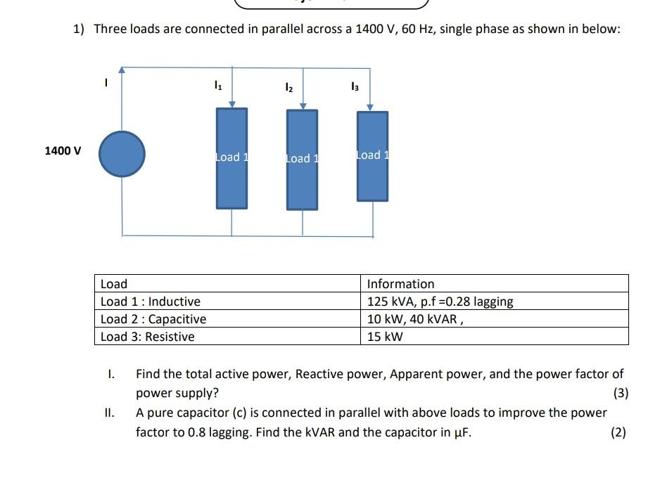 Solved 1) Three loads are connected in parallel across a | Chegg.com