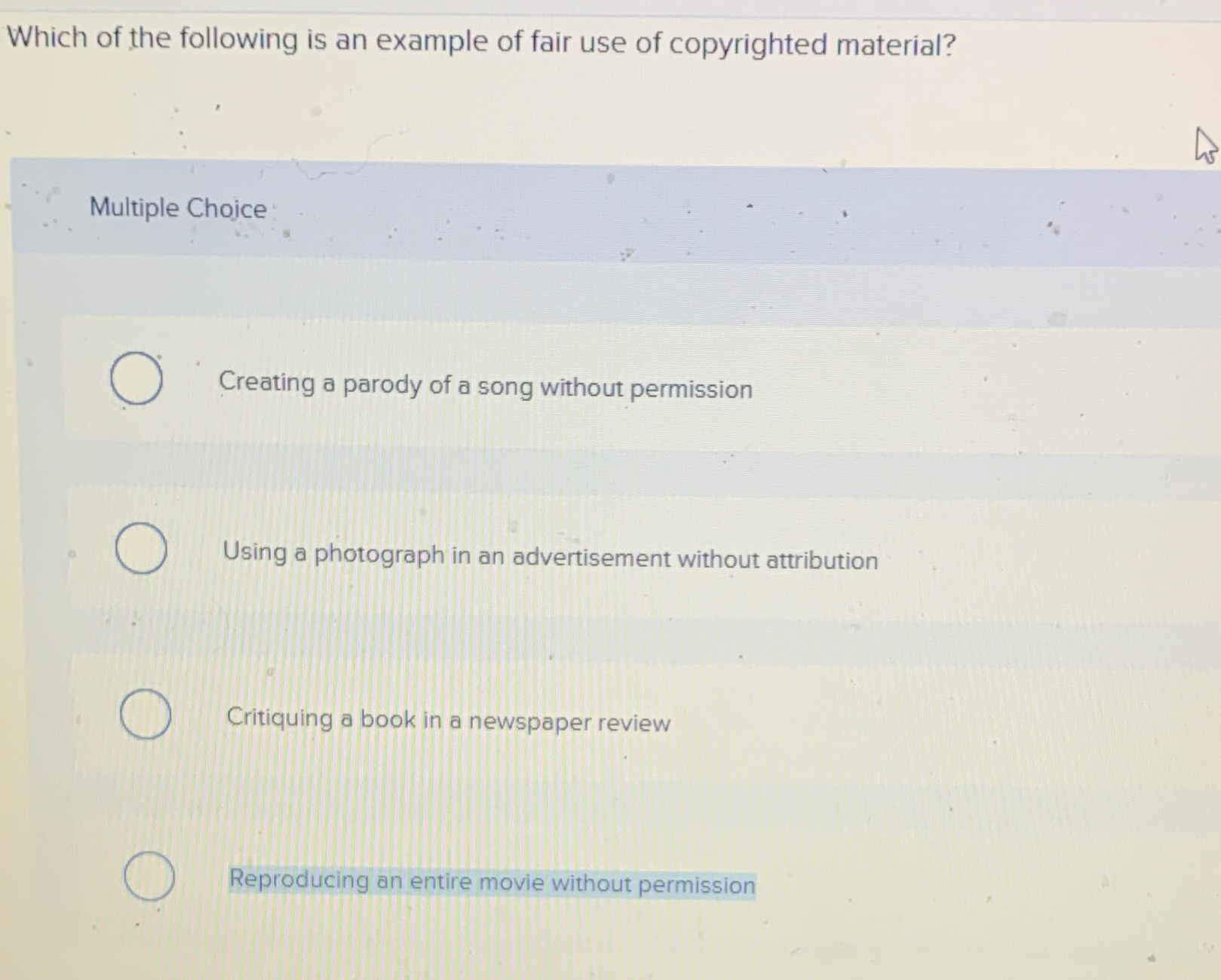Solved Which of the following is an example of fair use of | Chegg.com