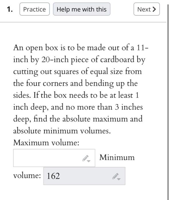 Solved An open box is to be made out of a 11inch by 20-inch | Chegg.com