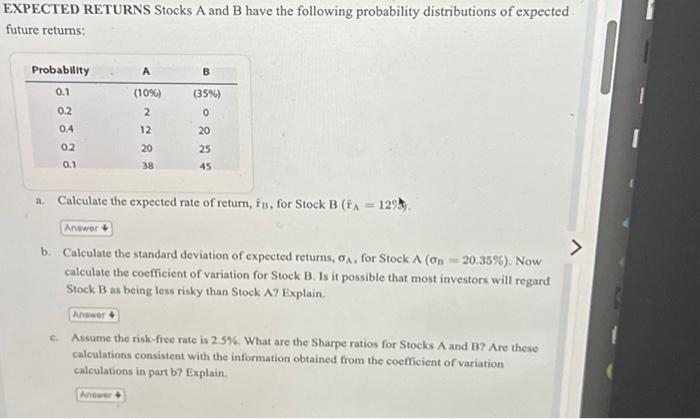 Solved EXPECTED RETURNS Stocks A And B Have The Following | Chegg.com