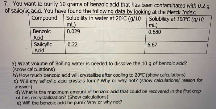 Solved 7 You Want To Purify 10 Grams Of Benzoic Acid That Chegg Com