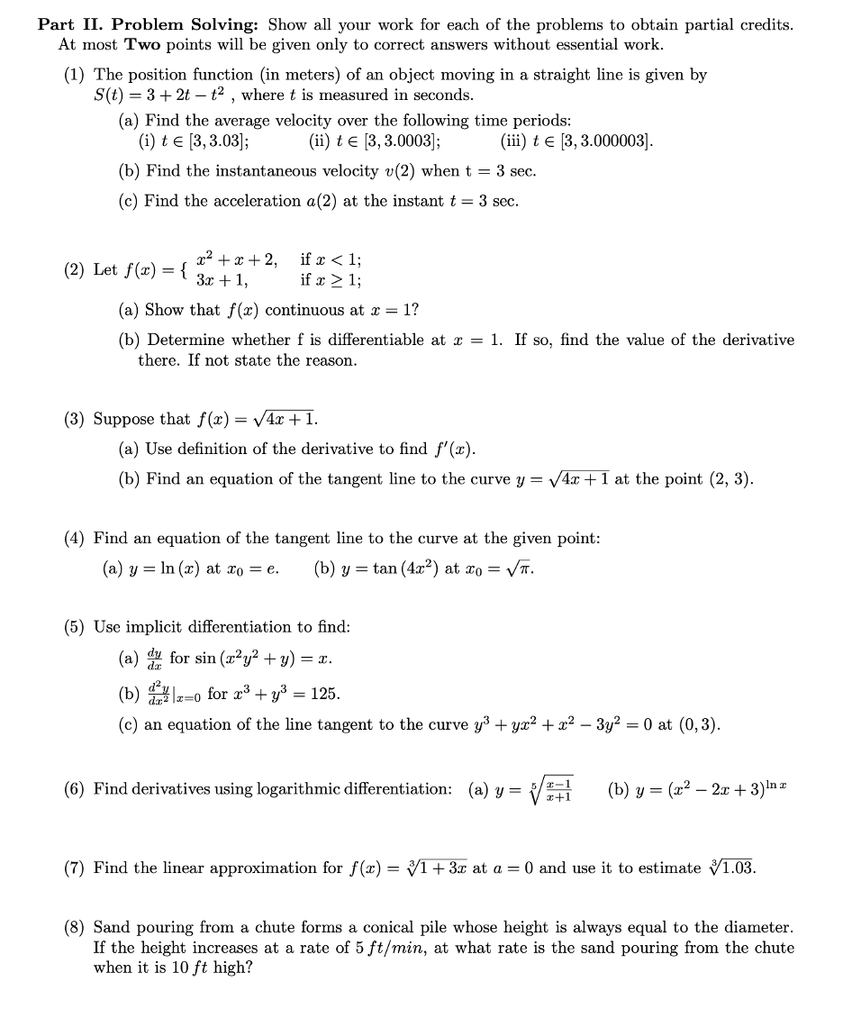 Solved Part II. ﻿Problem Solving: Show all your work for | Chegg.com