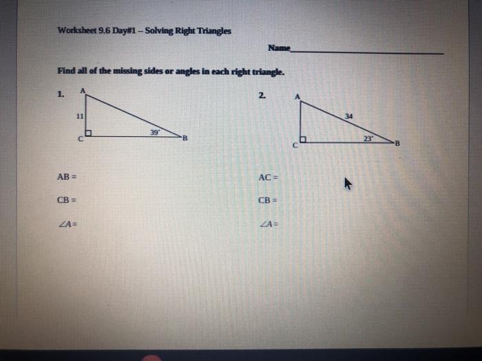 Solved Worksheet 9.6 Day#1 - Solving Right Triangles Name