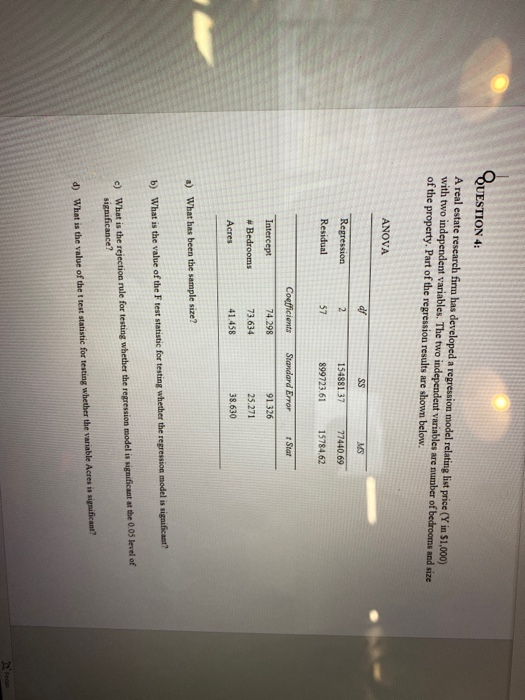 Solved QUESTION 4 A real estate research firm has developed