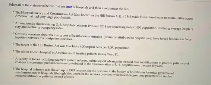 Select all of the statements below that are true of hospitals and their evolution in the U.S. The Hospital Survey and Constru