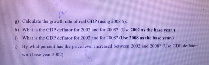 g) Calculate the growth rate of real GDP (using 2008 $).
h) What is the GDP deflator for 2002 and for 2008? (Use 2002 as the 