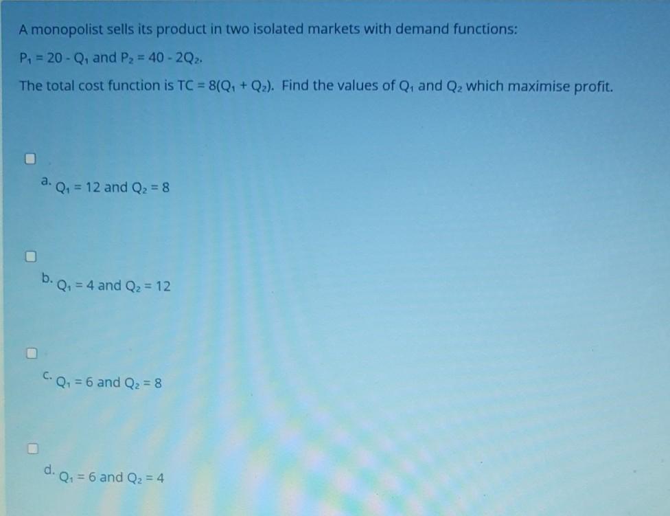 Solved A Monopolist Sells Its Product In Two Isolated | Chegg.com