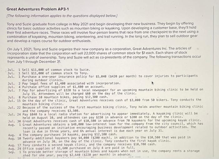 Solved Great Adventures Problem AP3-1 (The following | Chegg.com